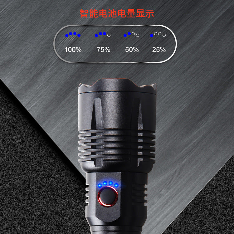 Cross-border new P70 strong light USB charging output, with power display LED telescopic zoom white laser flashlight