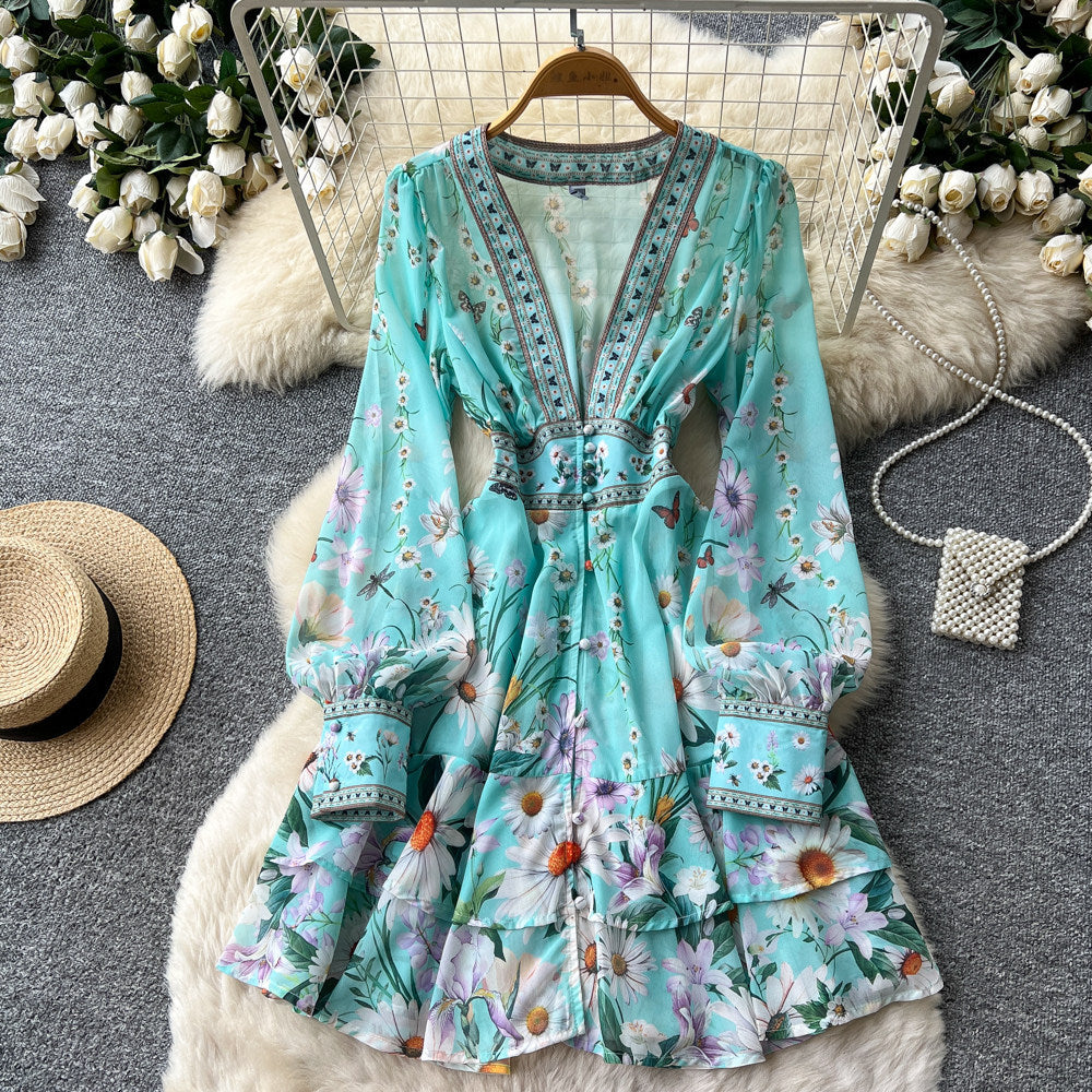 French romantic v-neck floral dress - women's spring/autumn korean style long sleeve high waist tie-waist slimming a-line dress