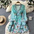French romantic v-neck floral dress - women's spring/autumn korean style long sleeve high waist tie-waist slimming a-line dress