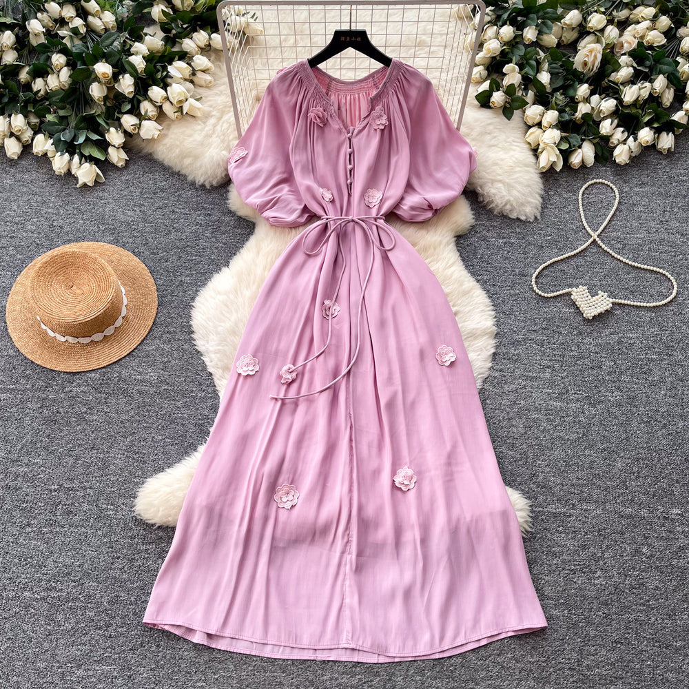 K-style small flying sleeves a-line short-sleeved dress women's  summer waist tie back long skirt niche stylesense of designwork clothing