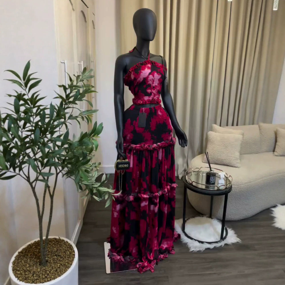 European and american cross-border women's clothing:  summer new arrival - elegant printed halter neck ruffle top and midi skirt set