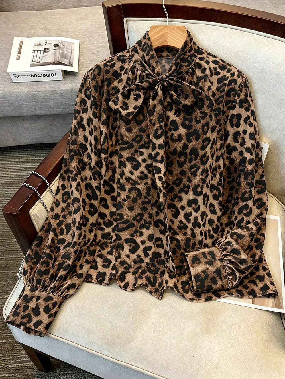 Luxury leopard print blouse with tie-waist, stand collar, and lantern sleeves - elegant workwear for women, 1688 source
