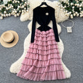French chic floral round neck long sleeve knit patchwork tiered cake dress - elegant and figure-flattering