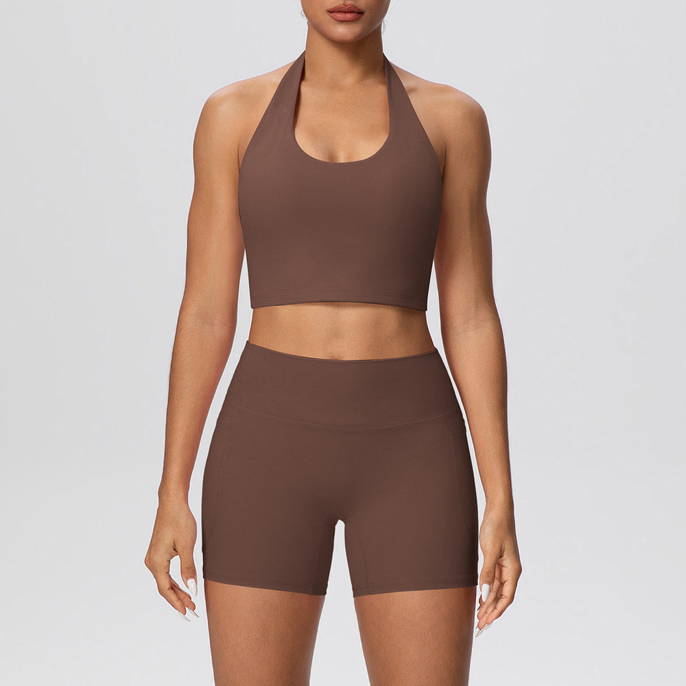 New women's solid color brushed halter tank top and pocket shorts yoga set - two-piece activewear workout outfit