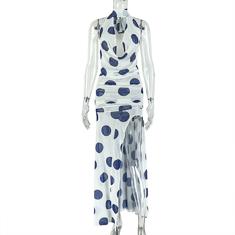 European and american style cross-border black and white polka dot women's slit print streetwear irregular high neck tie backless dress