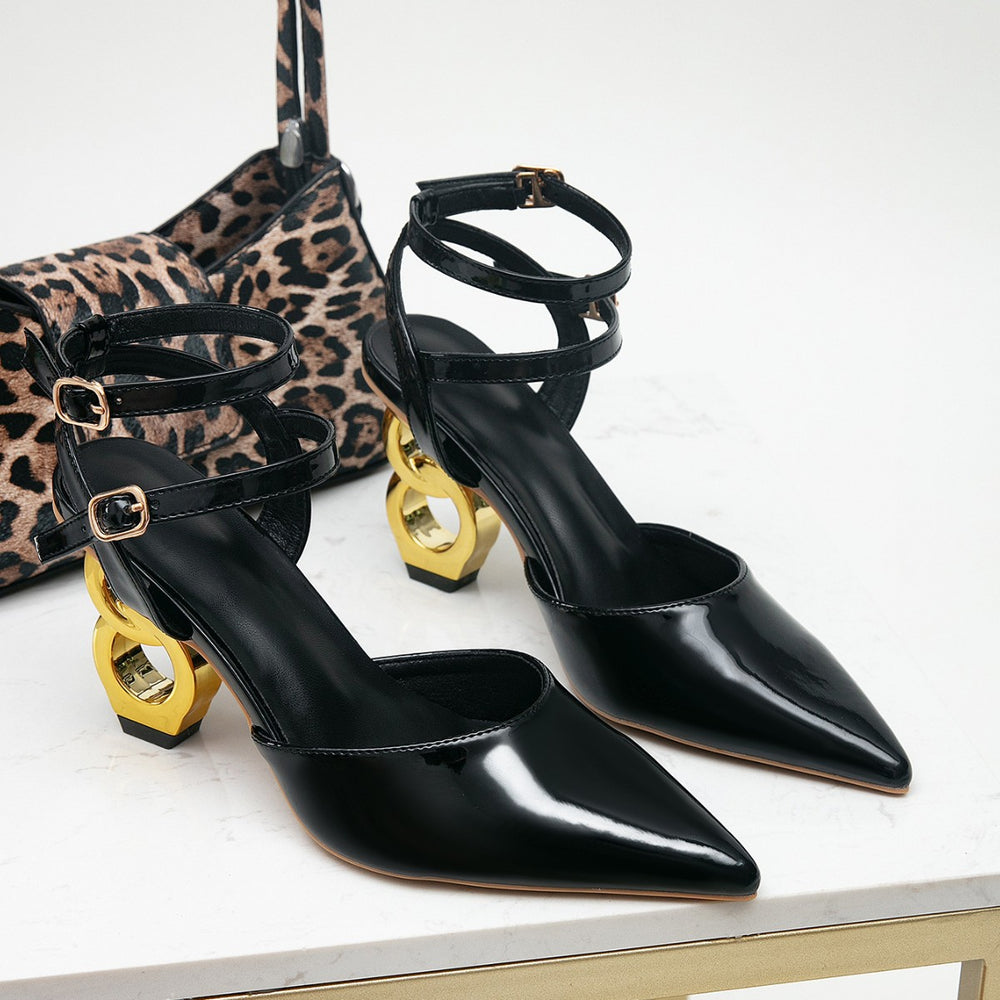Irregular heel pointed-toe sandals, black patent leather criss-cross strap single buckle high heels, european and american style plus size women's shoes 1