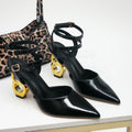 Irregular heel pointed-toe sandals, black patent leather criss-cross strap single buckle high heels, european and american style plus size women's shoes 1