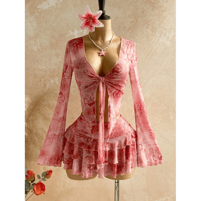 Women's summer new retro floral print tie-waist long sleeve top and midi skirt two-piece set (accessories not included)