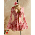 Women's summer new retro floral print tie-waist long sleeve top and midi skirt two-piece set (accessories not included)