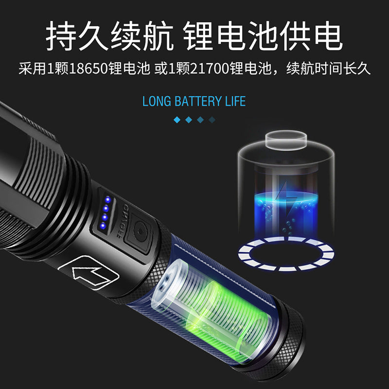 Cross-border strong light long-distance laser flashlight 21700USB charging telescopic zoom power display P50 super bright