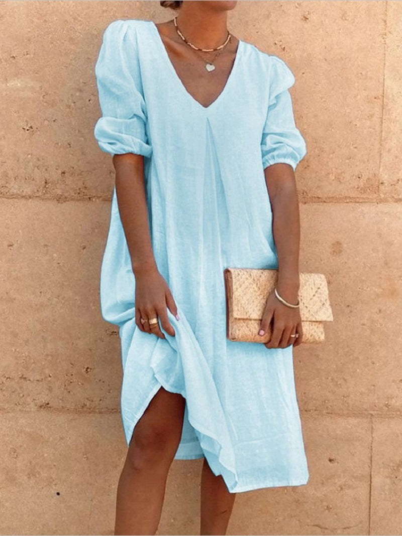 european and american cross-border   cotton linen solid color fashion mid-length long sleeve casual midi dress