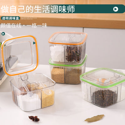 Transparent four-compartment spice box with spoons, creative flip-top kitchen seasoning container, plastic airtight jar, household seasoning bottle set