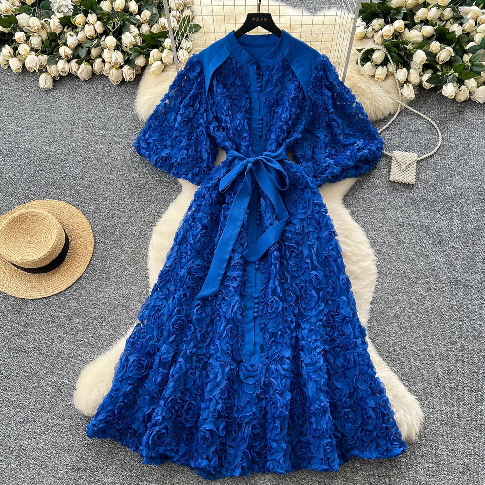 Palace style classy stereo flower lantern sleeve dress female french strap waist single breasted elegance long skirt