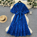 Palace style classy stereo flower lantern sleeve dress female french strap waist single breasted elegance long skirt