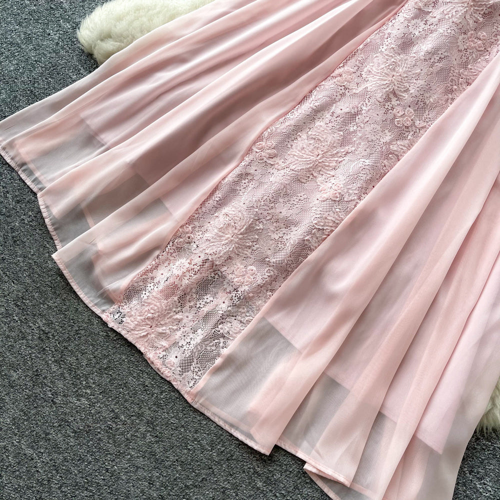 French-style cutout embroidered a-line dress - women's summer short sleeve high waist slimming elegant maxi dress