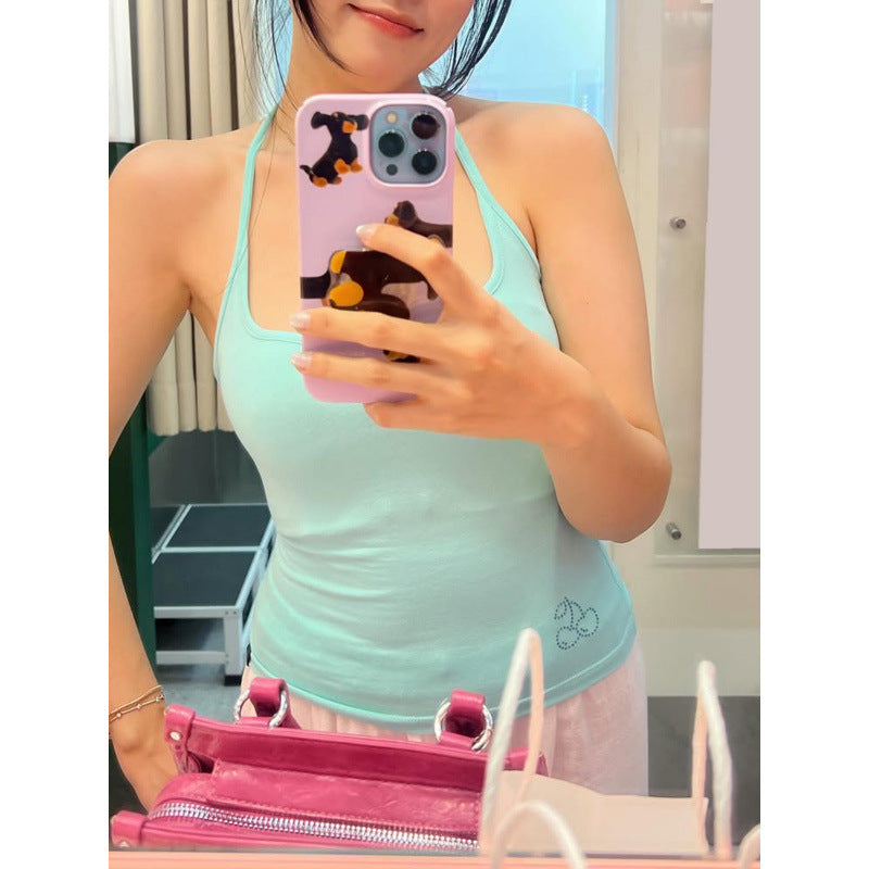 European and american style women's summer  new slim-fit solid color activewear tank top - sleeveless halter neck crop top