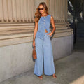 fashionelegant button sleeveless vest wide leg jeans denim suit for women