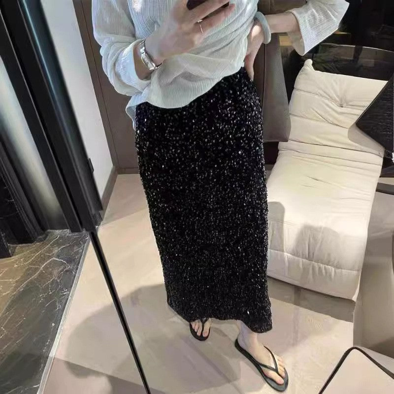 2025 european and american new fashion high-waisted slimming sequin midi skirt - women's elastic waist, back slit, stretch straight-leg long skirt
