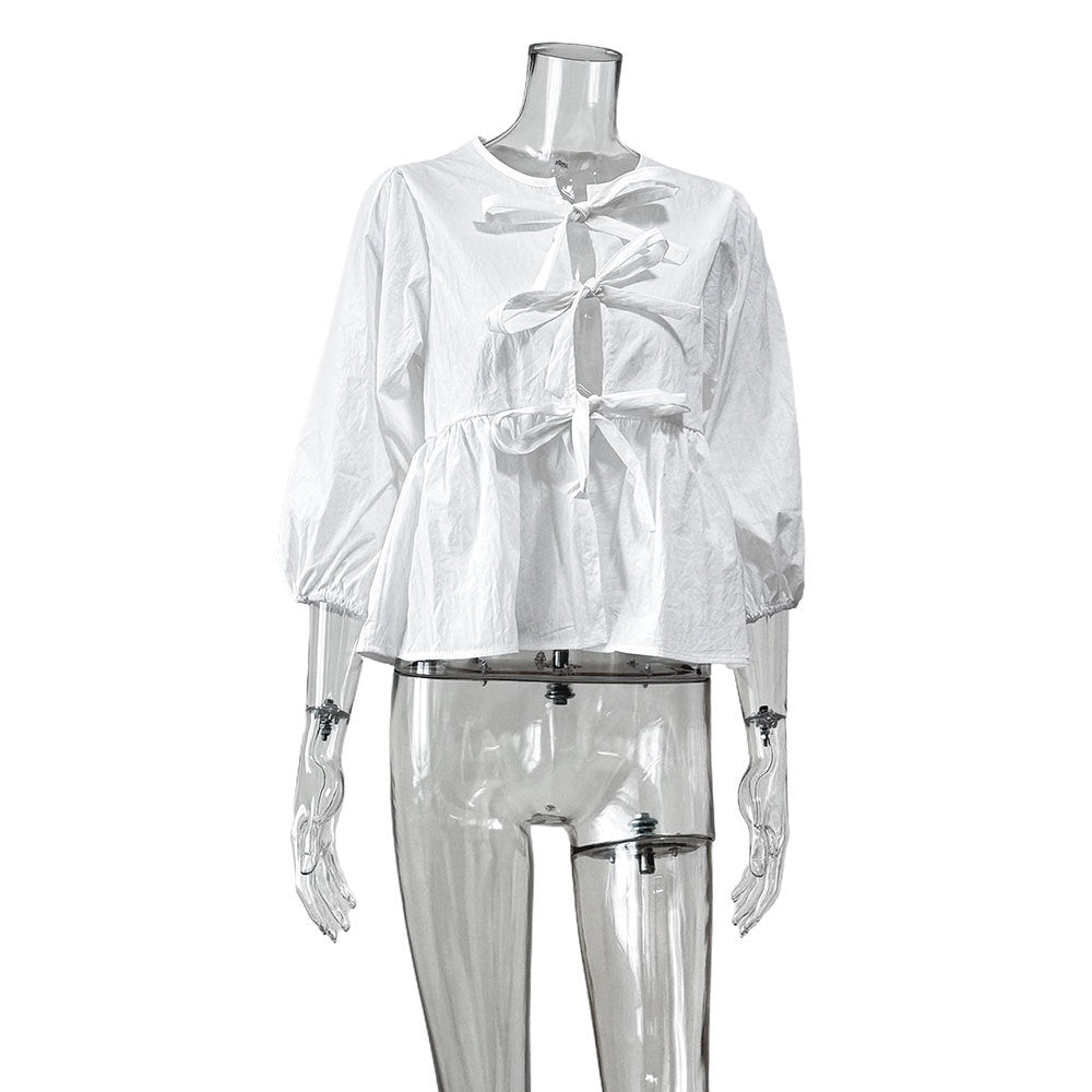 European and American  popular butterfly cardigan top early autumn lace-up crew neck bubble sleeve fashionable sexy loose T-shirt