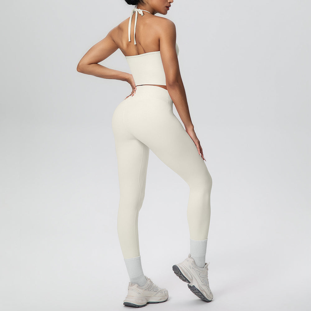 New arrival cross-border brushed beautiful back tight strap halter high waist yoga suit sports running fitness two-piece set