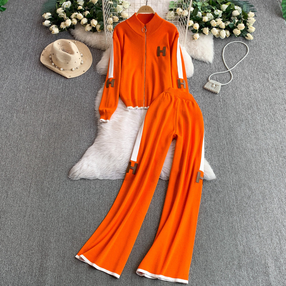 Fashionable activewear set: casual zip-up stand collar long sleeve knit jacket + high-waisted slimming wide-leg pants with double stripes
