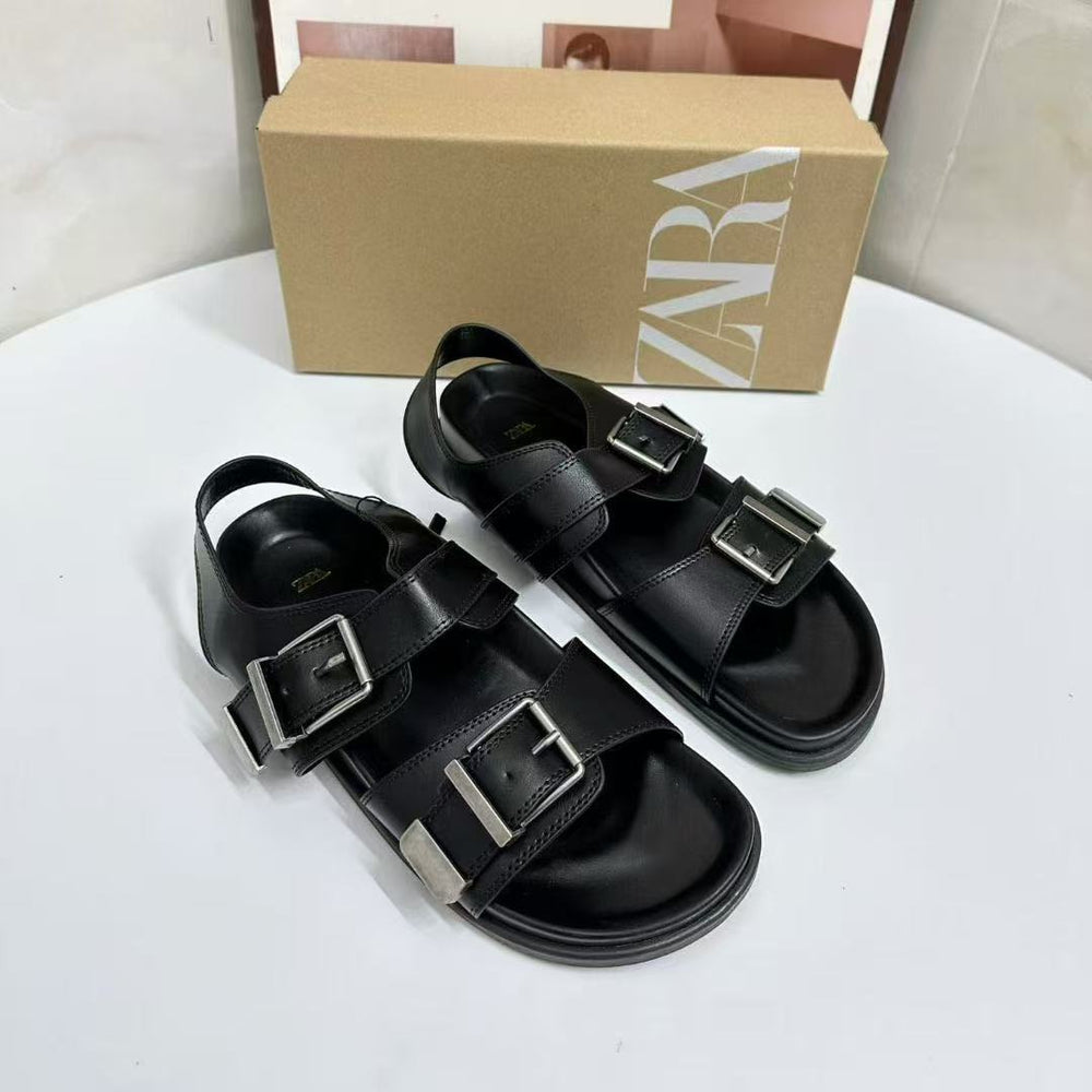 Za2025 new arrival lazy thick sole metal buckle bobo sandals for women 2025 new arrival summer genuine leather easiest for match beach shoes