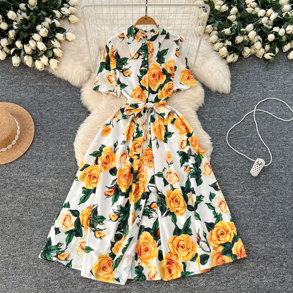French chic elegant printed dress - women's summer  tie-waist slimming collared short sleeve shirt dress