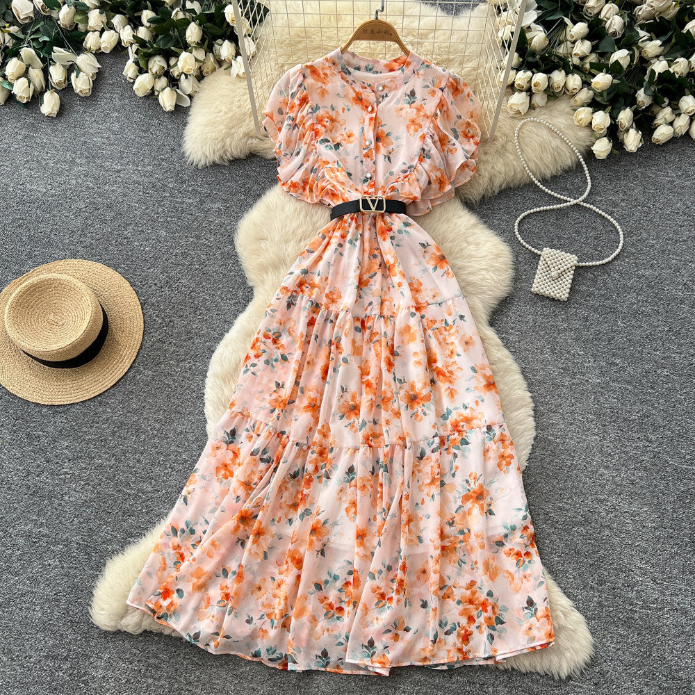 French country style yellow floral dress - women's summer gentle style, cinched waist, flowy maxi dress, commute chic