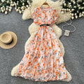French country style yellow floral dress - women's summer gentle style, cinched waist, flowy maxi dress, commute chic