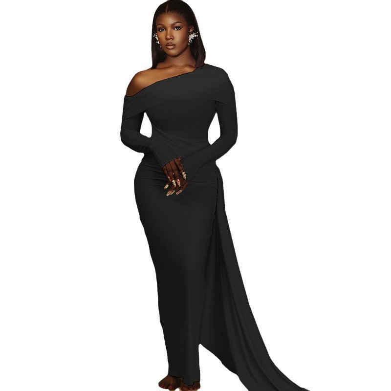 European and american style ins foreign trade women's fashion solid color dress - asymmetrical off-the-shoulder long sleeve dress