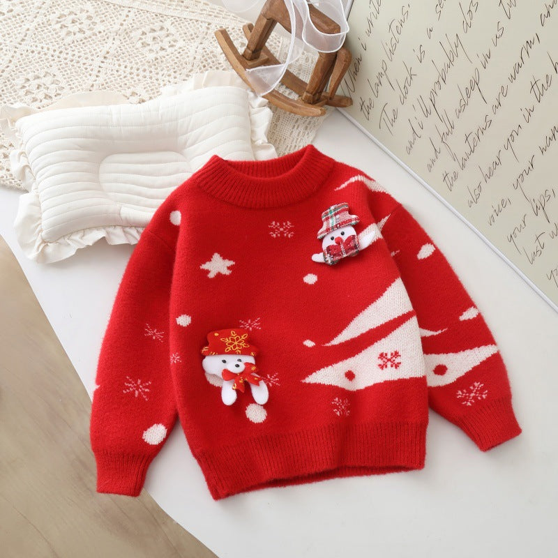Kids' sweater girl christmas red new year's outfit stylish thickened baby warm clothes  new boys' chinese new year apparel
