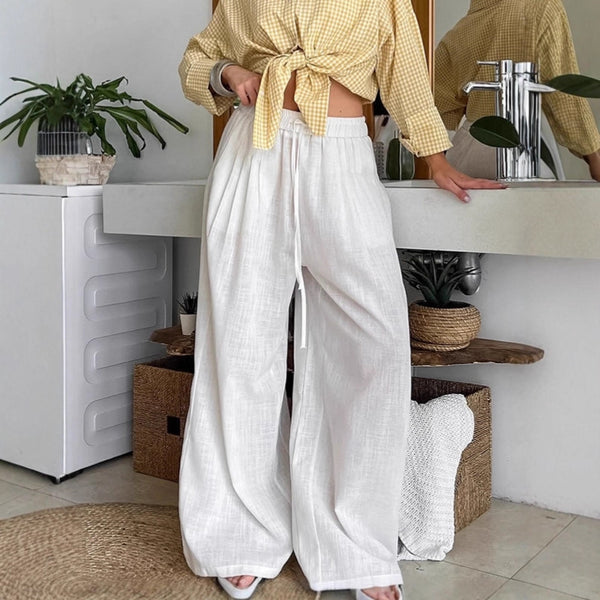 European and American casual white cotton and linen wide-leg pants women's 2025 autumn lazy loose lace-up high waist drape trousers women's clothing
