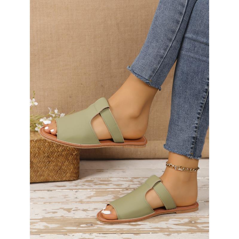 European and american plus size open-toe flat sandals - women's summer new solid color peep-toe beach slippers -
