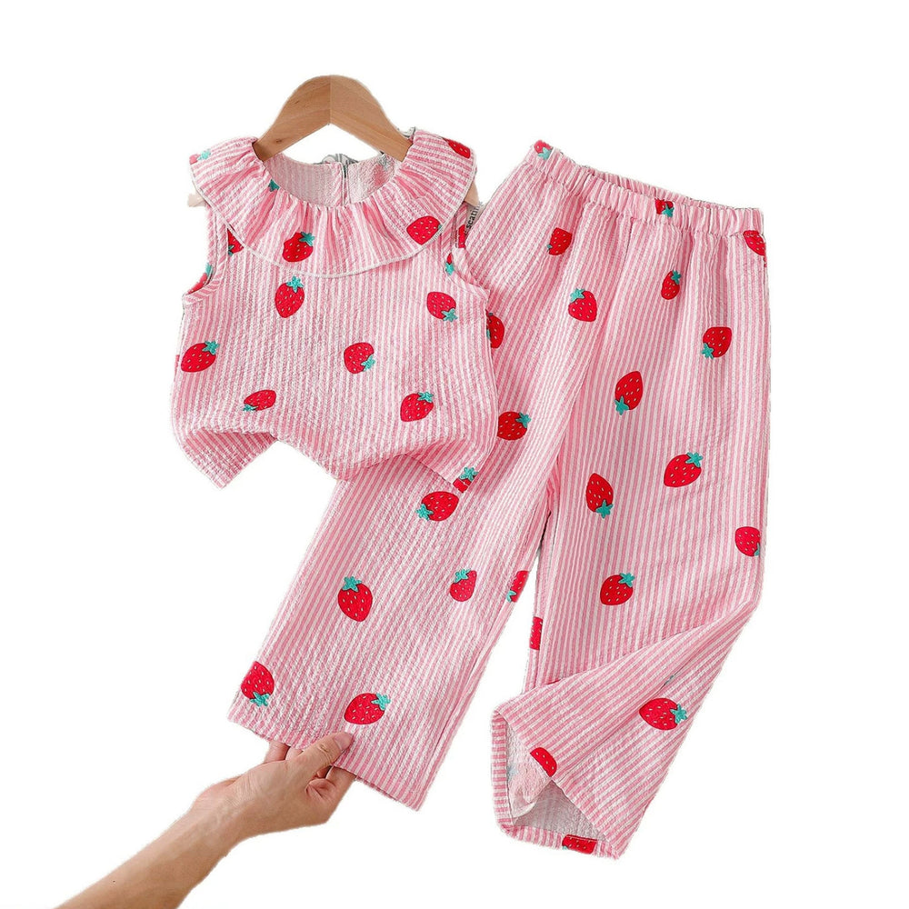 Summer girls' pink striped strawberry sleeveless set - kids' ruffle collar bubble cotton tank top and wide-leg pants two-piece trendy outfit