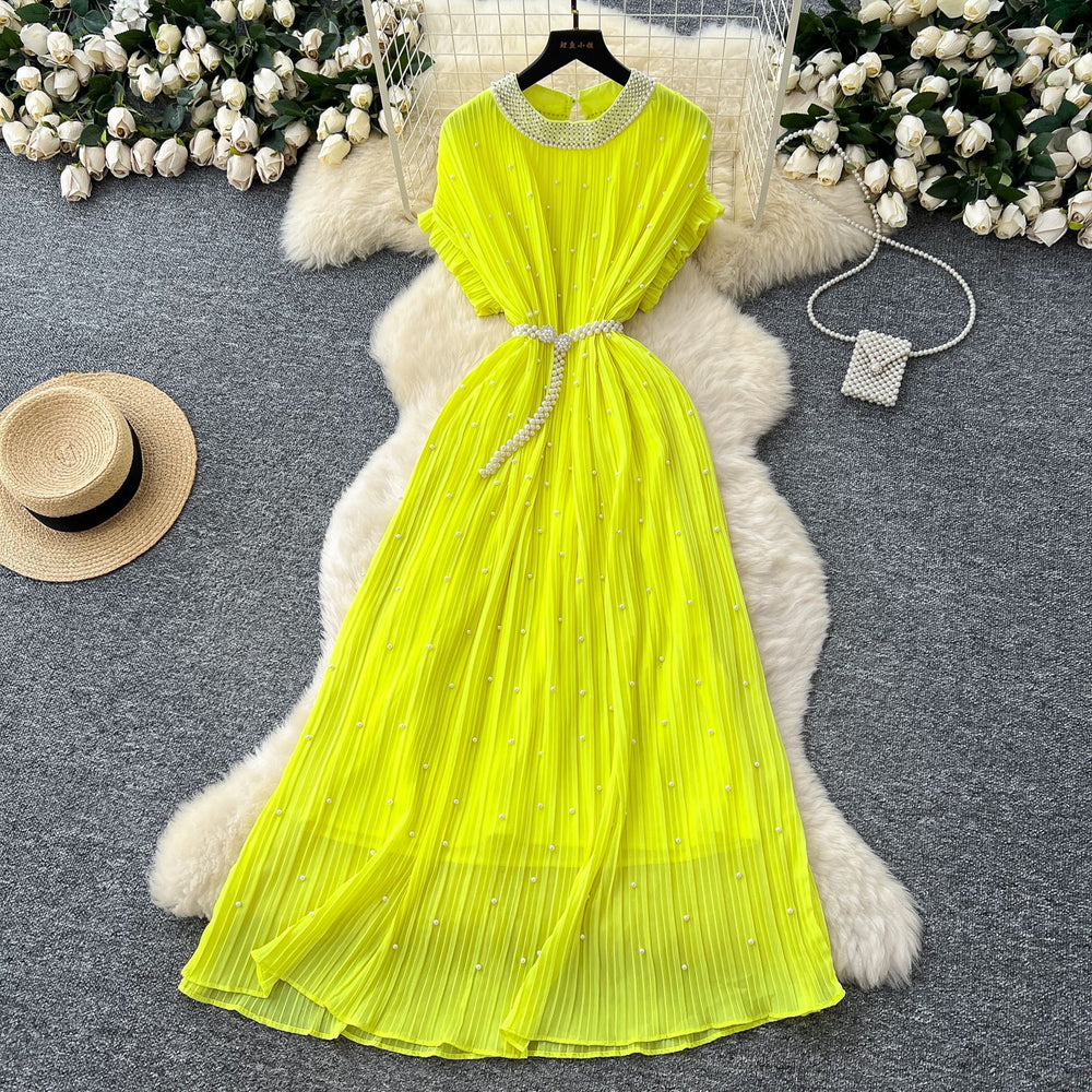 summer women's niche high-end beaded round neck short sleeve tie-waist pleated dress