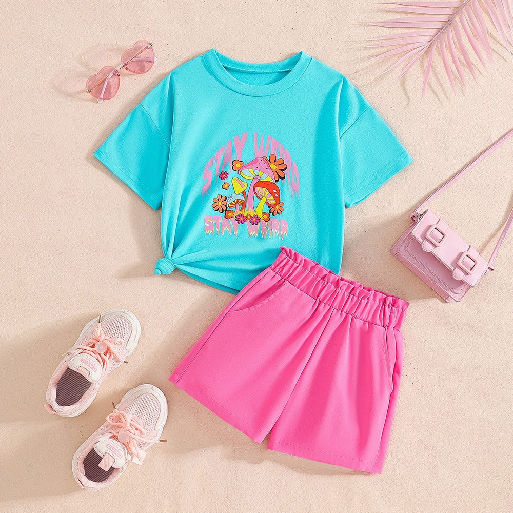 kids two-piece set lake blue mushroom printing round neck t-shirt pink shorts girl summercasualsuit