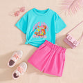 kids two-piece set lake blue mushroom printing round neck t-shirt pink shorts girl summercasualsuit