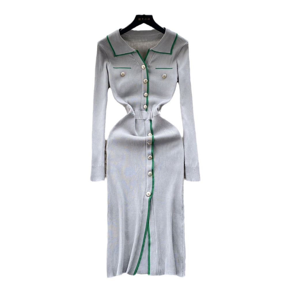 Korean chic autumn retro lapel color block single-breasted waist-defining slimming elegant slit bodycon knit dress