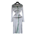 Korean chic autumn retro lapel color block single-breasted waist-defining slimming elegant slit bodycon knit dress