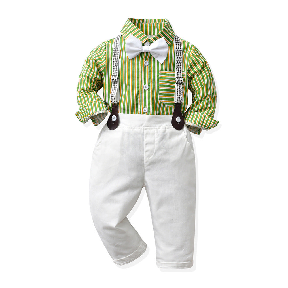 Japanese and korean boyssuitpopularstripeslong sleevesshirtchildren's clothingtrendykidsautumnew arrivaldungareesgentleman's dress
