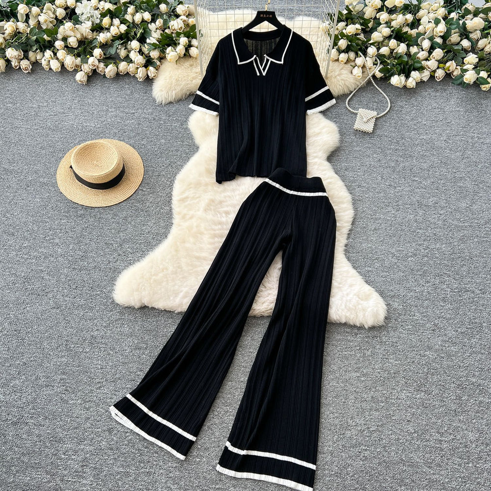 Korean style retro fashion color block turn-down collar short sleeve knit top + high waist casual wide leg pants  summer set