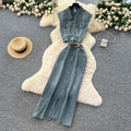 European and american hot girl retro denim set - women's summer sleeveless shirt + high-waisted slit maxi skirt