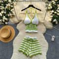 Sexyv neckknitting vest women's summer hot girl style tie backshortstwo-piece set holiday styleelegantsuit