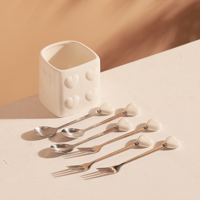 Heart-shaped ceramic fruit fork set - exquisite afternoon tea, hotel & restaurant decor, high-value fruit picks with storage jar - wholesale