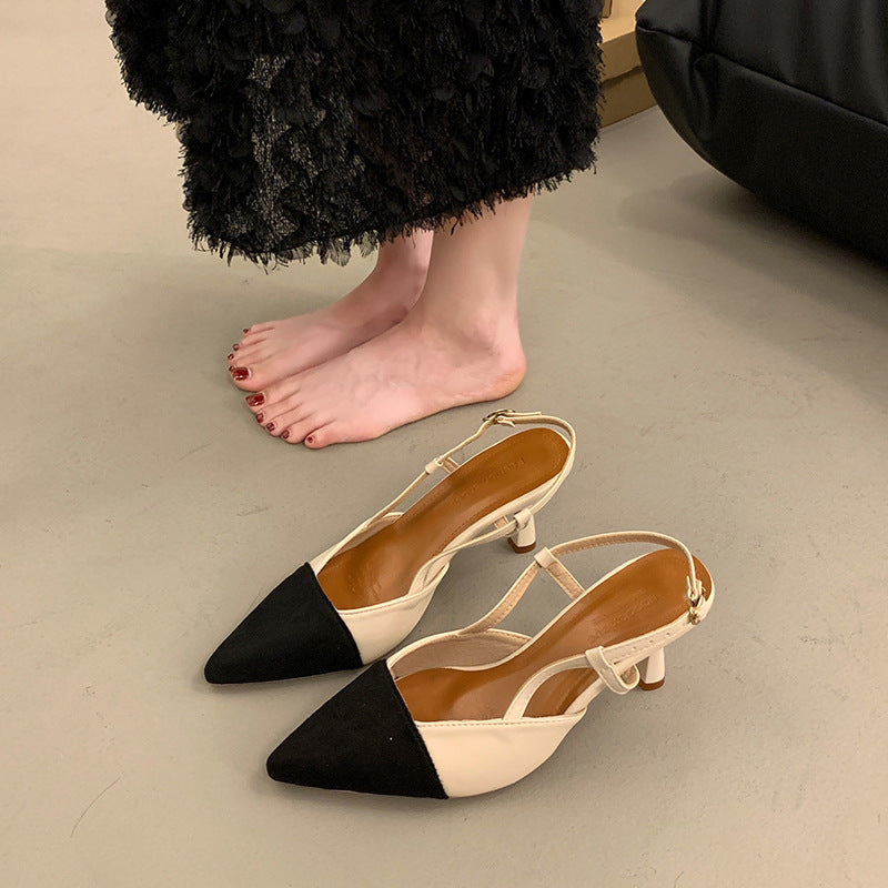 2024 summer new fashion pointed-toe stiletto sandals, french color-block low-cut high heels, open-back designer women's shoes