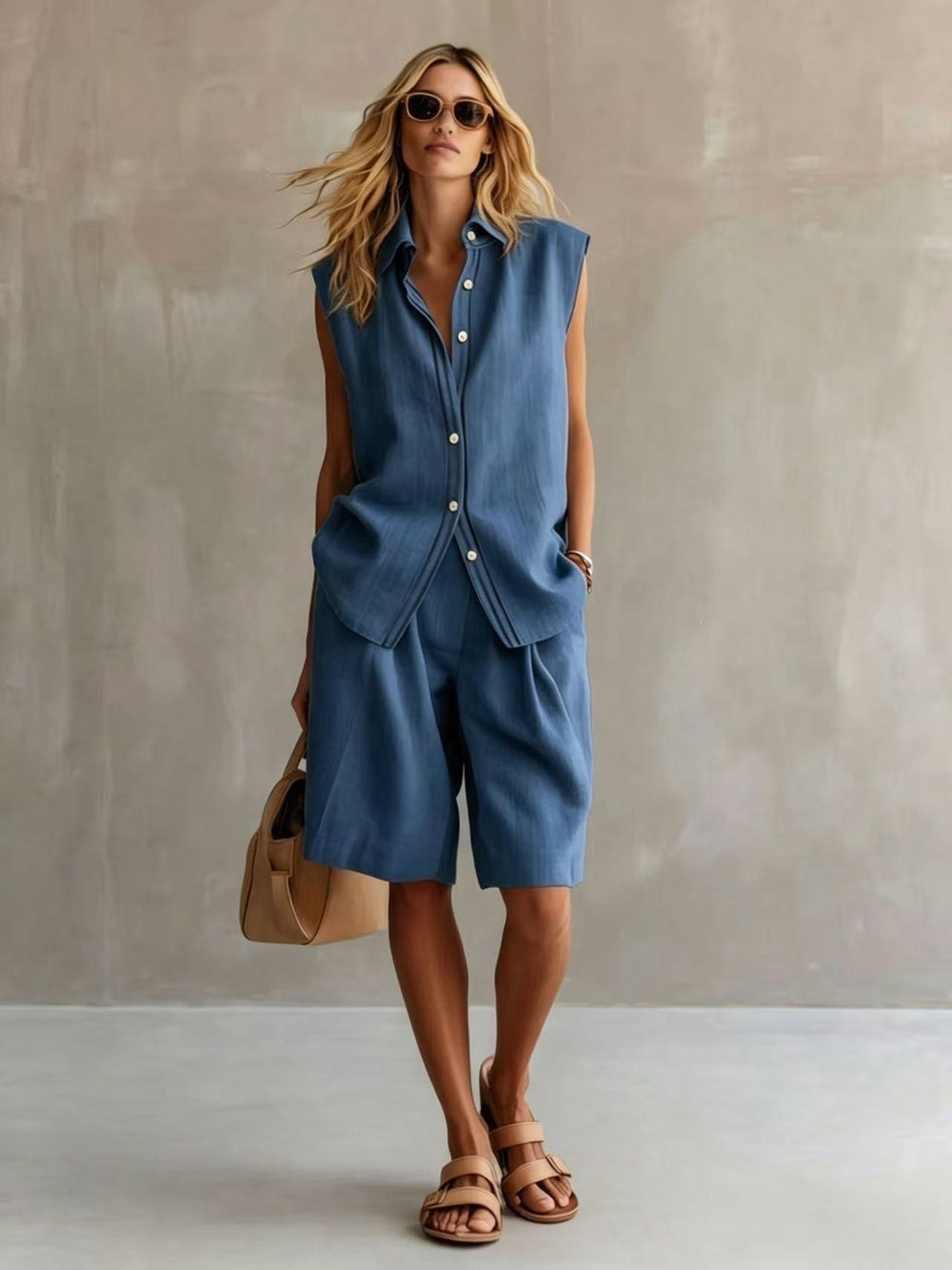 european and american cross-border summer casual fashion women's single-breasted sleeveless linen blazer and pants set
