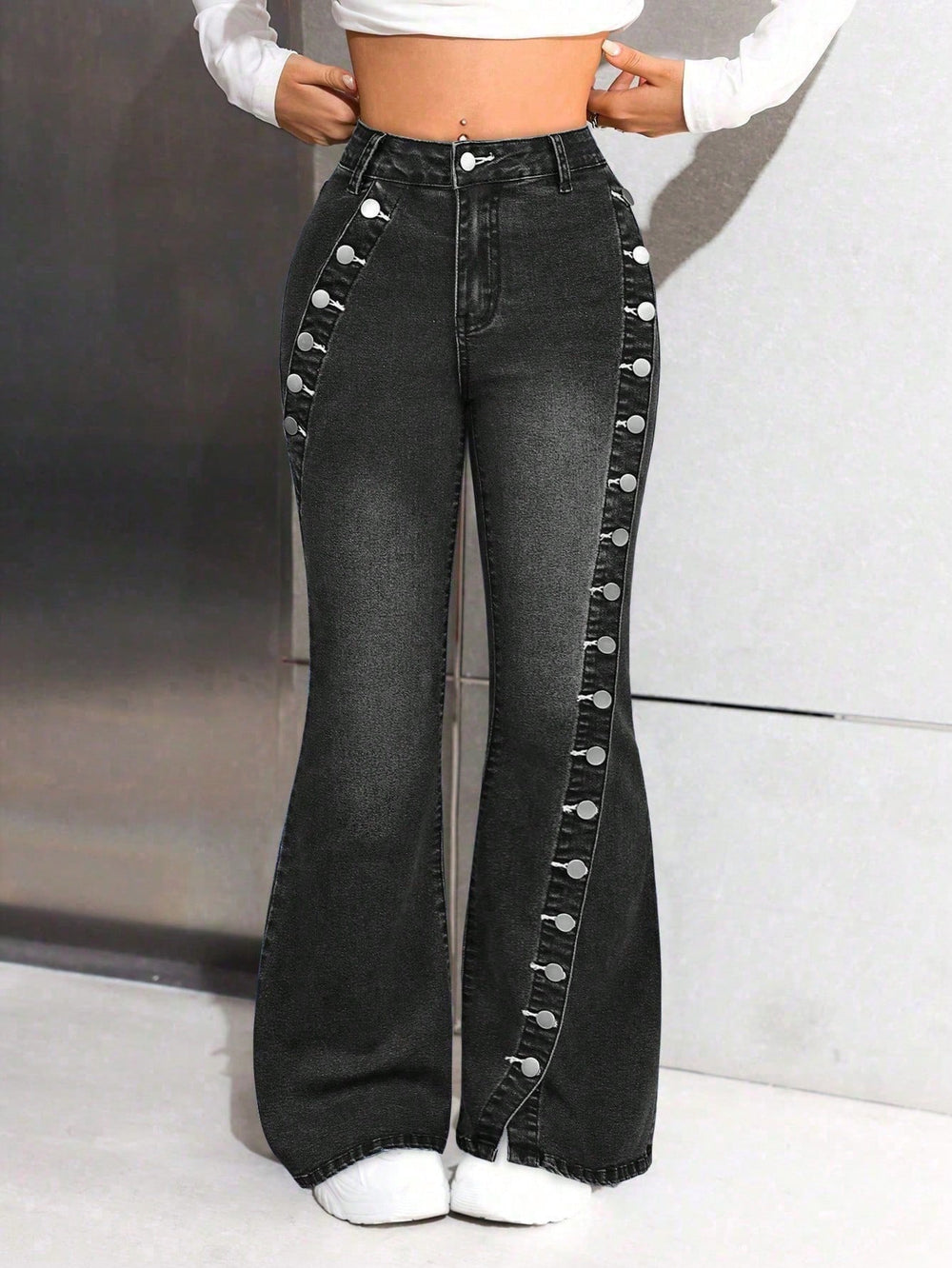 Fashionjeans women's side-breasted slit slightly flared pants dark blue washed elastic silm showing leg length hot girl pants