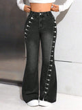 Fashionjeans women's side-breasted slit slightly flared pants dark blue washed elastic silm showing leg length hot girl pants
