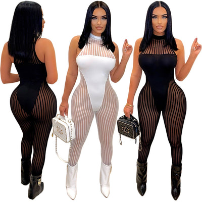 S390365  cross-border fashion sexy chunky striped mesh see-through sleeveless round neck jumpsuit for women