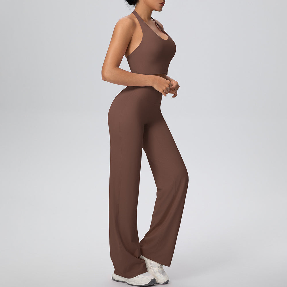 New arrival cross-border pure color double-sided brushed halter wide-leg pants yoga suit sports running fitness two-piece set for women
